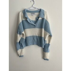 Cotton Emporium Striped Polo Sweater Light Blue White Chunky Knit Size L